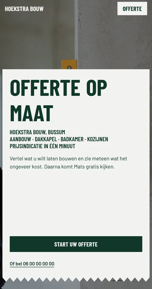 Telefoonscherm van demosite Hoekstra Bouw met offerte aanvragen