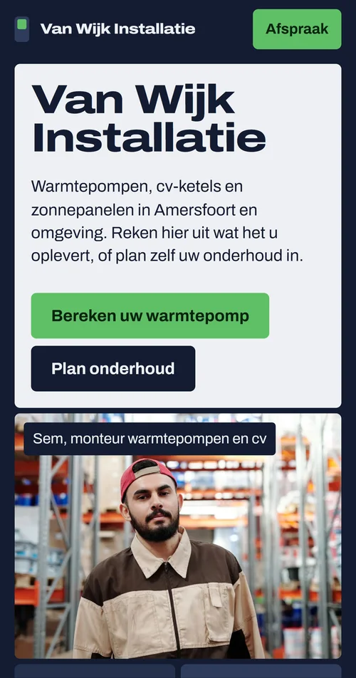 Telefoonweergave van Plus voor Van Wijk Installatie, een verzonnen installateur